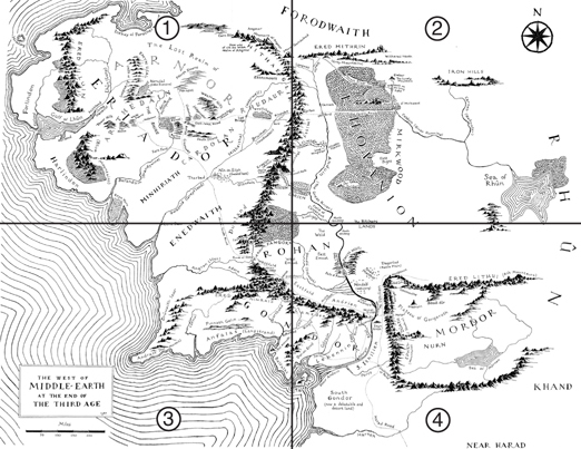 The west of Middle-Earth with Eriador, Isengard, Mirkwood, Rohan, Gondor and Mordor labelled.