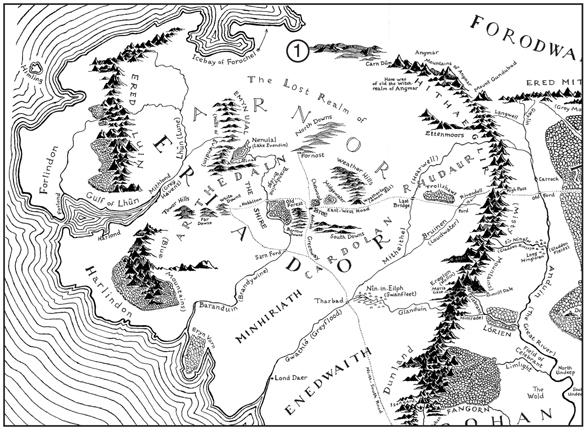 A map with Eriador, The Lost Realm of Arnor, Minhiriath and Forodwaith labelled.