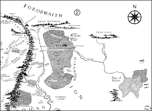 A map with Rhudaur, Rhovanion, Rhûn, Iron Hills, East Bight, Mirkwood and Ered Mithrin labelled.