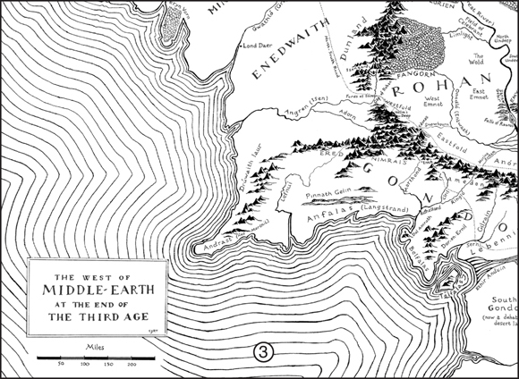 A map with Rohan, Gondor, Isengard, Ered Nimrais and Pinnath Gelin labelled.
