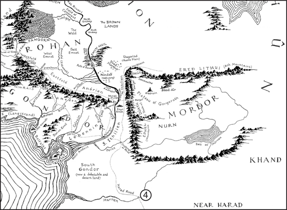 A map with Rohan, Gondor, Mordor, Ered Lithui, Eastfold, Ash Mountains, Osgiliath, Sea of Núrnen, Khand, Rhûn and Near Harad labelled.