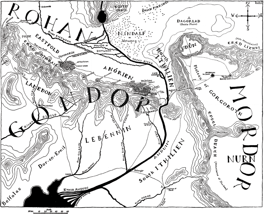 A map with Rohan, Gondor, Eastfold, Emyn Muil, Dagorlad, South Ithilien, Mordor and Nurn labelled.